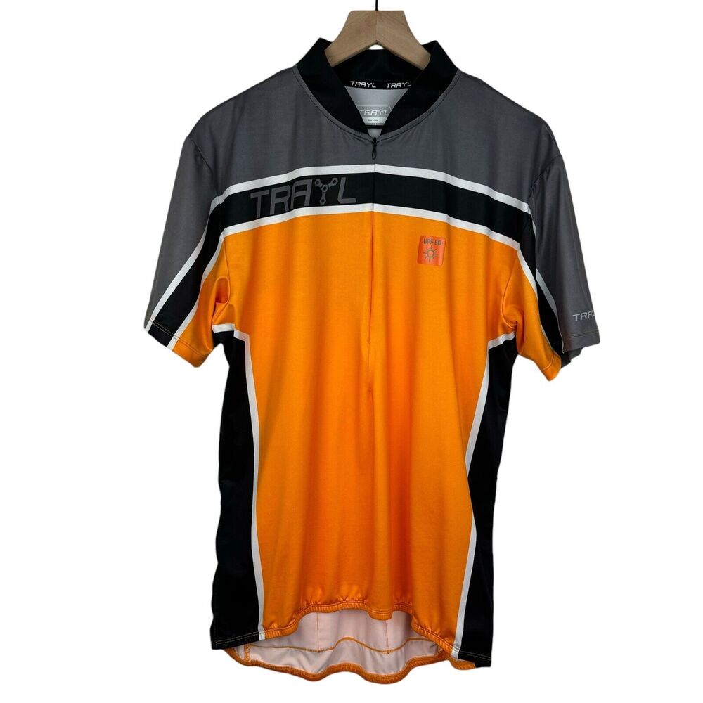 TRAYL Cycling Orange Gray Bike Jersey Short Sleeve Shirt Sz LARGE UPF 50 Zipper